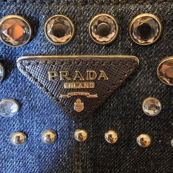 Prada Large Canapa Studded Denim Handbag Tote - Picture 2 of 6